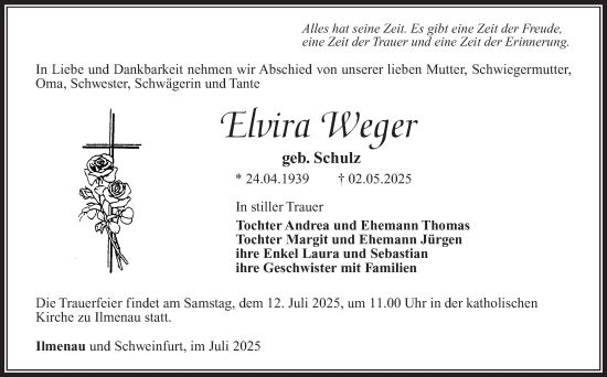 Traueranzeige von Elvira Weger von Südthüringer Presse