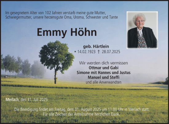 Traueranzeige von Emmy Höhn von Neue Presse Coburg