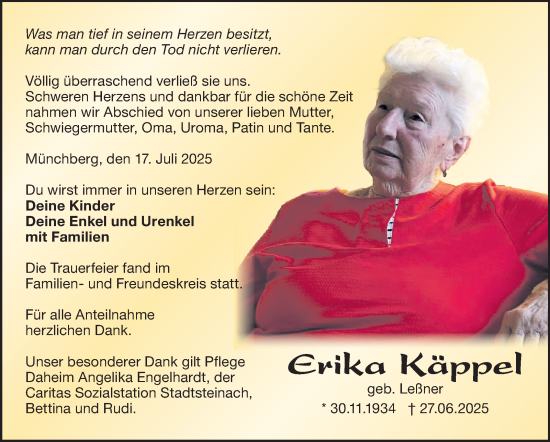 Traueranzeige von Erika Käppel von Südthüringer Presse