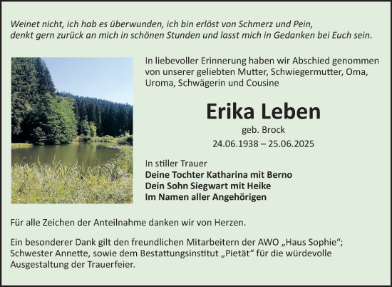 Traueranzeige von Erika Leben von Südthüringer Presse