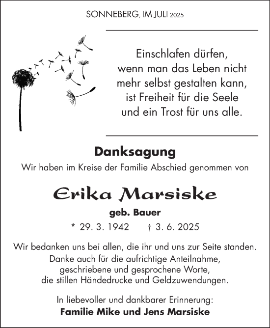 Traueranzeige von Erika Marsiske von Südthüringer Presse
