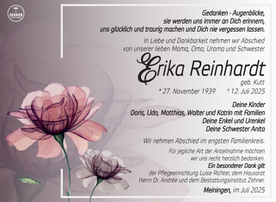 Traueranzeige von Erika Reinhardt von Südthüringer Presse