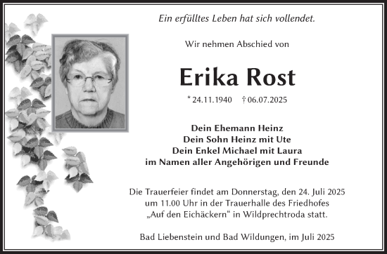 Traueranzeige von Erika Rost von Südthüringer Presse