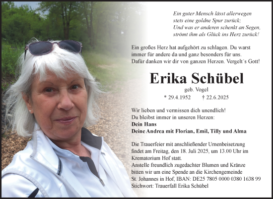 Traueranzeige von Erika Schübel von Frankenpost