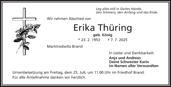 Traueranzeige von Erika Thüring von Frankenpost
