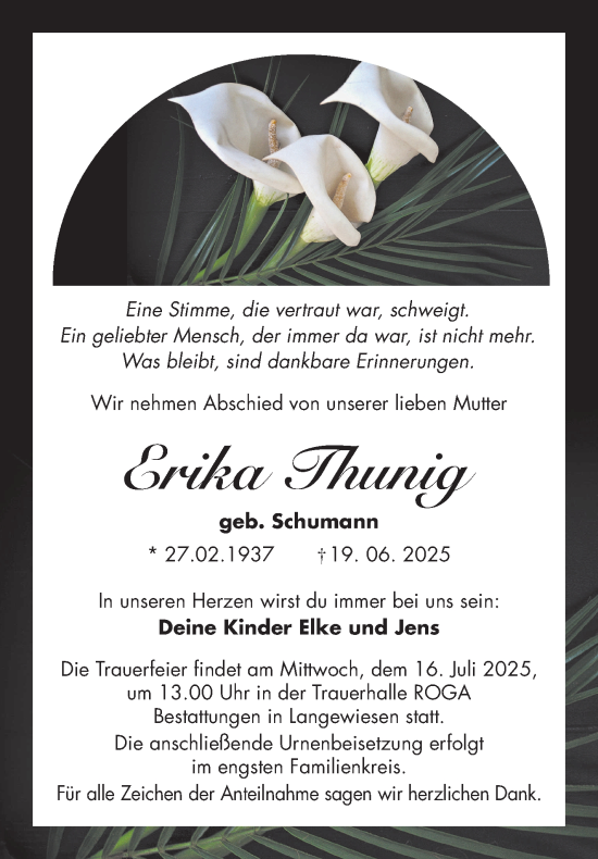 Traueranzeige von Erika Thunig von Südthüringer Presse
