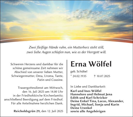 Traueranzeige von Erna Wölfel von Frankenpost