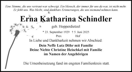 Traueranzeige von Erna Katharina Schindler von Frankenpost