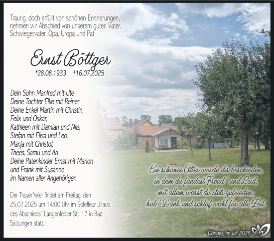 Traueranzeige von Ernst Böttger von Südthüringer Presse
