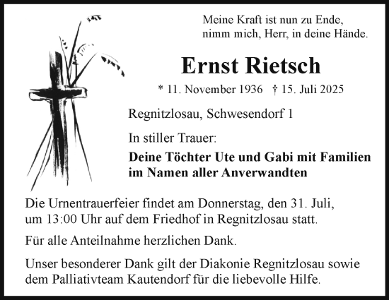 Traueranzeige von Ernst Rietsch von Frankenpost