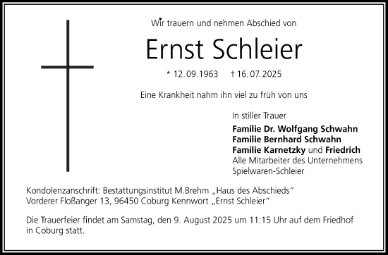 Traueranzeige von Ernst Schleier von Neue Presse Coburg