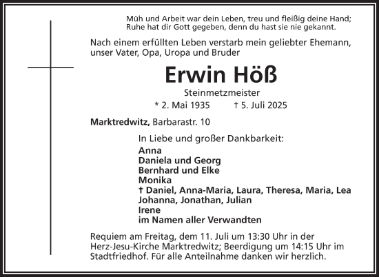 Traueranzeige von Erwin Höß von Frankenpost