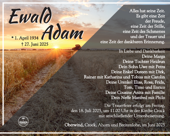 Traueranzeige von Ewald Adam von Südthüringer Presse