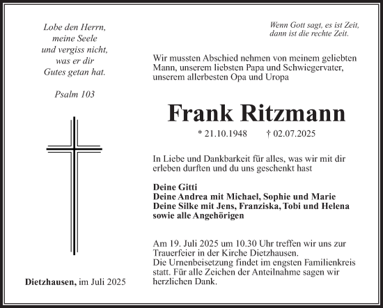 Traueranzeige von Frank Ritzmann von Südthüringer Presse