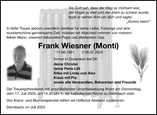 Traueranzeige von Frank Wiesner von Südthüringer Presse
