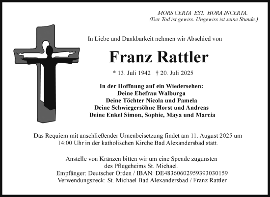 Traueranzeige von Franz Rattler von Frankenpost