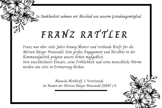 Traueranzeige von Franz Rattler von Frankenpost