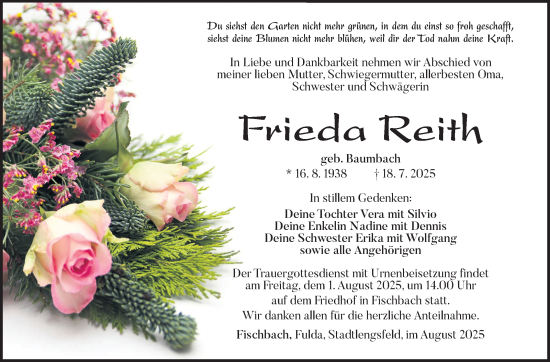 Traueranzeige von Frieda Reith von Südthüringer Presse