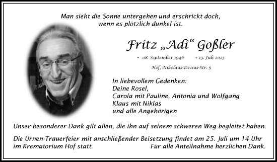 Traueranzeige von Fritz Goßler von Südthüringer Presse