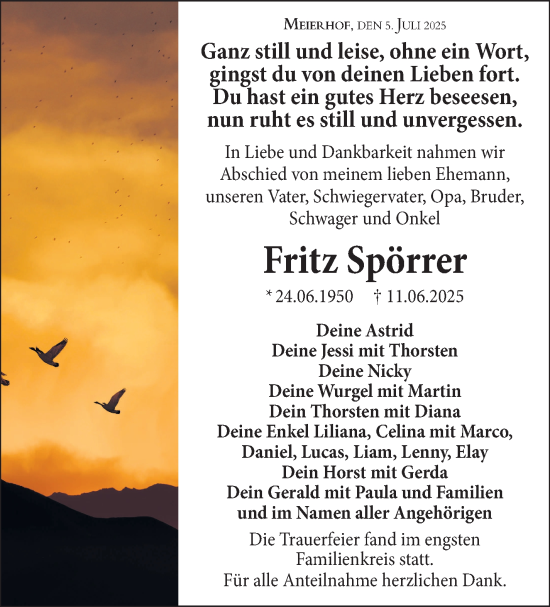 Traueranzeige von Fritz Spörrer von Frankenpost
