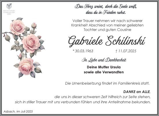Traueranzeige von Gabriele Schilinski von Südthüringer Presse