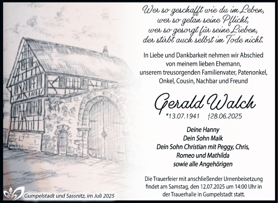 Traueranzeige von Gerald Walch von Südthüringer Presse