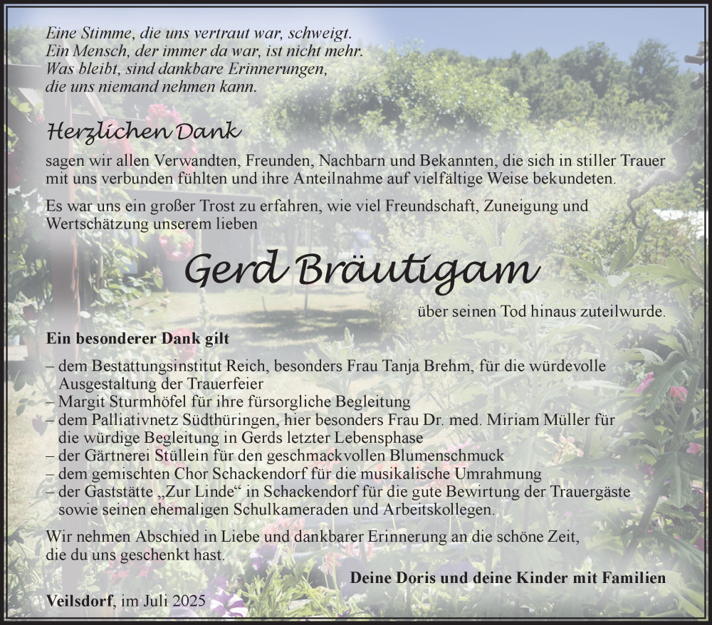  Traueranzeige für Gerd Bräutigam vom 26.07.2025 aus Südthüringer Presse