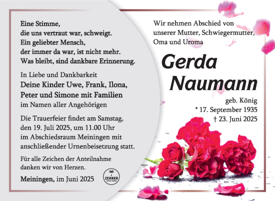 Traueranzeige von Gerda Naumann von Südthüringer Presse