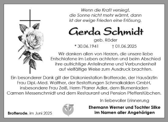 Traueranzeige von Gerda Schmidt von Südthüringer Presse