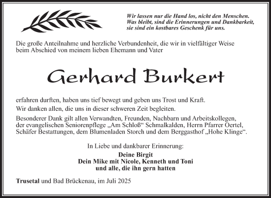Traueranzeige von Gerhard Burkert von Südthüringer Presse