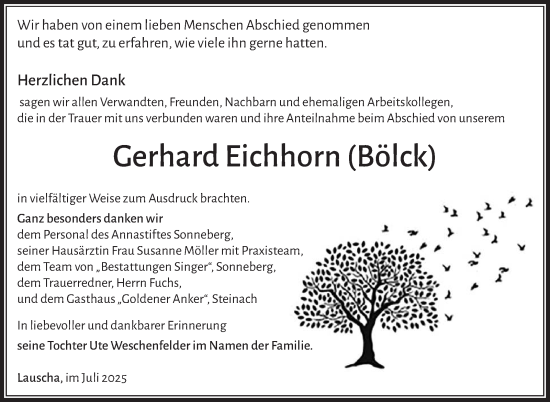 Traueranzeige von Gerhard Eichhorn von Südthüringer Presse