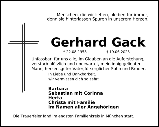 Traueranzeige von Gerhard Gack von Frankenpost