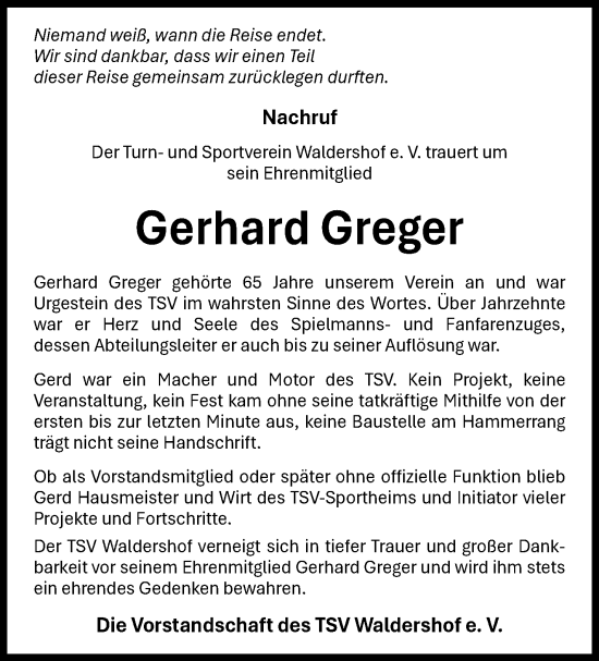 Traueranzeige von Gerhard Greger von Frankenpost