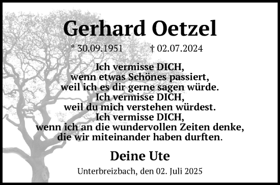 Traueranzeige von Gerhard Oetzel von Südthüringer Presse