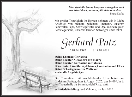 Traueranzeige von Gerhard Patz von Südthüringer Presse