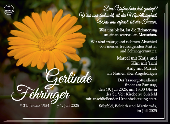 Traueranzeige von Gerlinde Fehringer von Südthüringer Presse