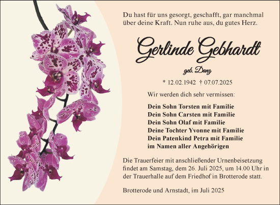 Traueranzeige von Gerlinde Gebhardt von Südthüringer Presse