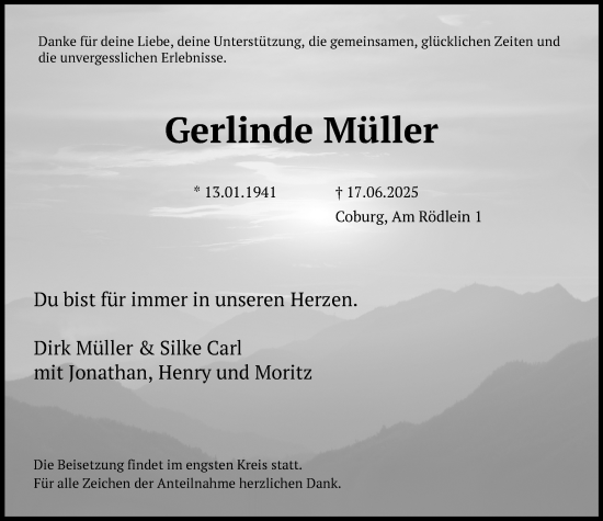 Traueranzeige von Gerlinde Müller von Neue Presse Coburg
