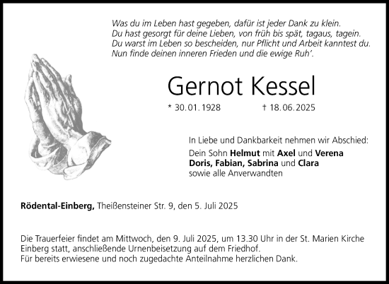 Traueranzeige von Gernot Kessel von Neue Presse Coburg