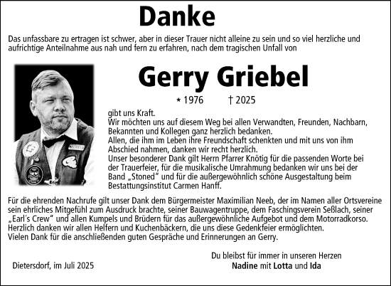 Traueranzeige von Gerry Griebel von Südthüringer Presse