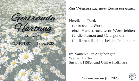 Traueranzeige von Gertraude Hartung von Südthüringer Presse