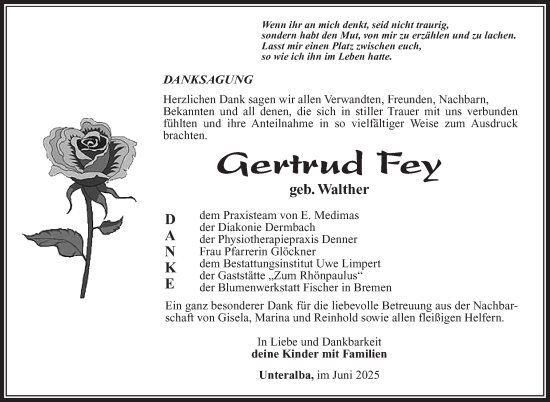 Traueranzeige von Gertrud Fey von Südthüringer Presse