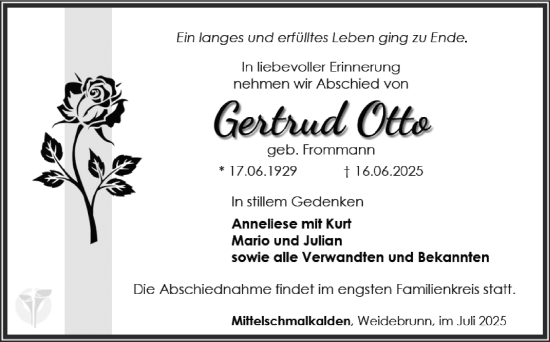 Traueranzeige von Gertrud Otto von Südthüringer Presse