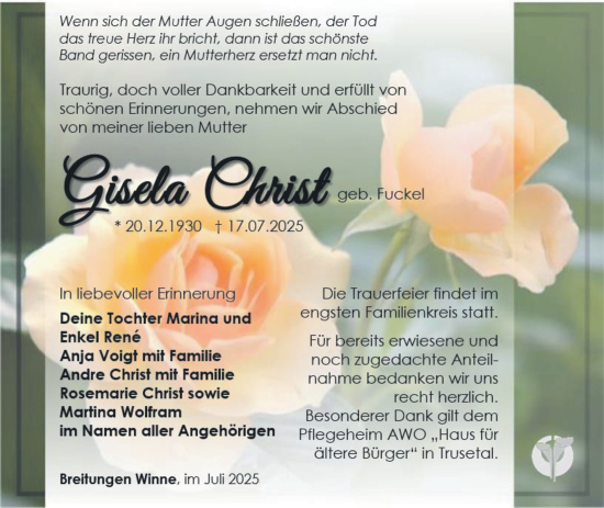 Traueranzeige von Gisela Christ von Südthüringer Presse