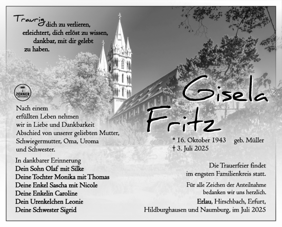 Traueranzeige von Gisela Fritz von Südthüringer Presse