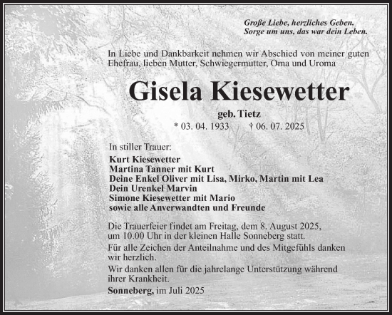 Traueranzeige von Gisela Kiesewetter von Südthüringer Presse