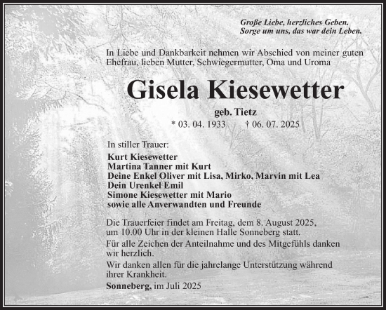 Traueranzeige von Gisela Kiesewetter von Südthüringer Presse
