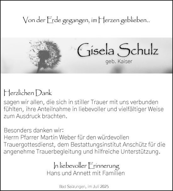 Traueranzeige von Gisela Schulz von Südthüringer Presse