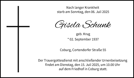 Traueranzeige von Gisela Schunk von Neue Presse Coburg
