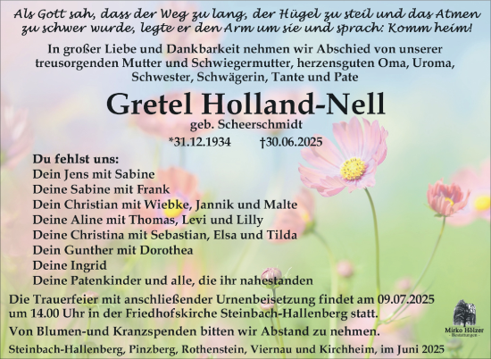Traueranzeige von Gretel Holland-Nell von Südthüringer Presse